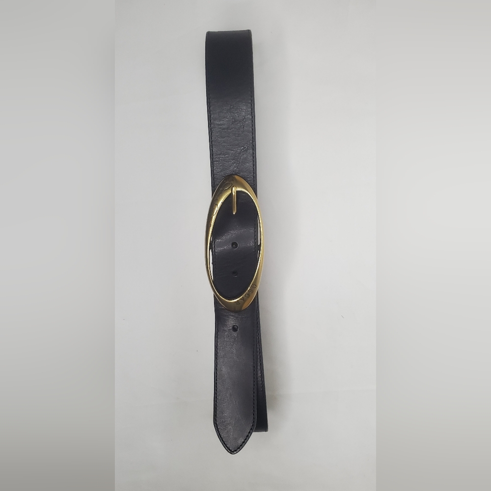 Oscar De La Renta 38"x 1 1/2" inch Black Leather Belt with Gold Brass Buckle - Picture 3 of 8